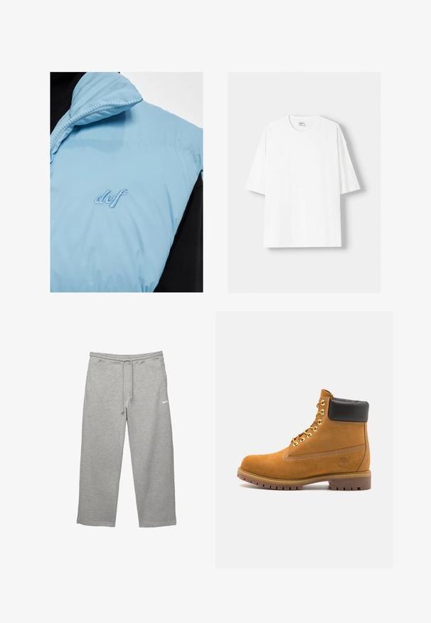 Vest puf albastru deschis cu guler cu fermoar, având logo-ul brodat "def" în albastru deschis, asortat cu un articol de îmbrăcăminte negru dedesubt.; Tricou alb cu mânecă scurtă, confecționat din bumbac, cu un decolteu rotund și o croială lejeră. Textură netedă, fără modele sau accente vizibile.; Pantaloni de trening gri dintr-un material moale, cu talie elastică, șnur ajustabil și buzunare laterale. Prezintă un mic logo alb.; Cizmă de gleznă din întoarsă de culoare bej, cu guler negru căptușit, ochiuri din metal auriu, detalii de cusătură albă și talpă din cauciuc robustă, cu un model pronunțat.