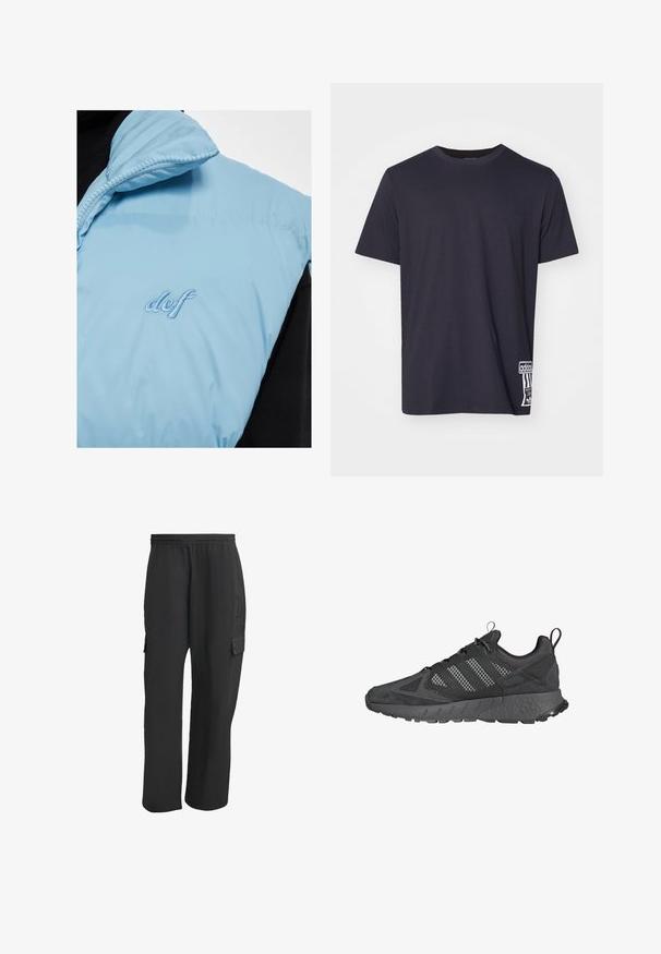 Helles blaues Pufferwesten mit einem Reißverschlusskragen, versehen mit aufgesticktem "def"-Logo in zartem Blau, kombiniert mit einem schwarzen Kleidungsstück darunter.; Schwarzes Baumwoll-T-Shirt mit Rundhalsausschnitt, kurzen Ärmeln und einem weißen Logopatch an der unteren Seite. Glatte Textur, normale Passform.; Schwarze Cargo-Hosen mit elastischem Bund, ausgestattet mit Seitentaschen, lockerer Passform und strukturiertem Stoff. Entwickelt für Komfort und Funktionalität.; Schwarze Sportschuhe mit Obermaterial aus Mesh und Wildleder, strukturierten Gummisohlen, gepolsterter Schuhkragen und markantem grauen Drei-Streifen-Design.