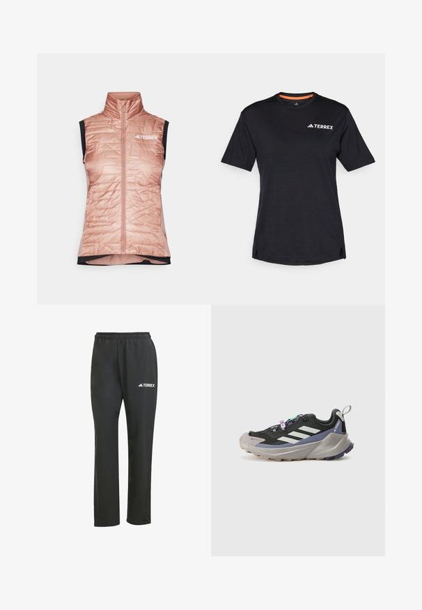Šviesiai rožinė izoliacinė liemenė su aukštu apykakle, priekiniais užtrauktukais, siuvinėtu audiniu ir juodais rankovių angos. Ant krūtinės yra balta TERREX logotipas.; Juodas trumpas rankovės marškinėliai su apvaliu kaklu, su subtiliu melange tekstūra ir baltu "TERREX" logotipu viršutiniame kairiajame kampe.; Juodos lengvos kelnės su elastine juosta. Pabrėžia subtilų baltą „TERREX“ logotipą. Lygus audinys ir tiesus kirpimas.; Juodas sportinis batas su Gore-Tex viršumi, baltomis juostelėmis, purpuriniais akcentais, storu pilku viduriniu padu ir tekstūruotu pilku išoriniu padu, kuris suteikia sukibimą.