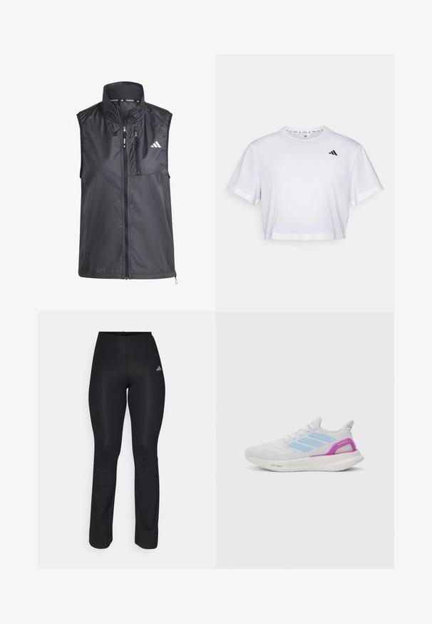 Black running vest with high collar, zippered pockets, and smooth, lightweight fabric. Features a minimalist design with a small logo.; White cropped t-shirt made from soft fabric, featuring short sleeves and a round neckline. Black logo on the left chest.; Black athletic pants with a fitted design, elastic waistband, and subtle sheen. Features a small white logo on the left hip.; adidas Performance PUREBOOST 5 - Road running shoes - white/glow blue/purple burst