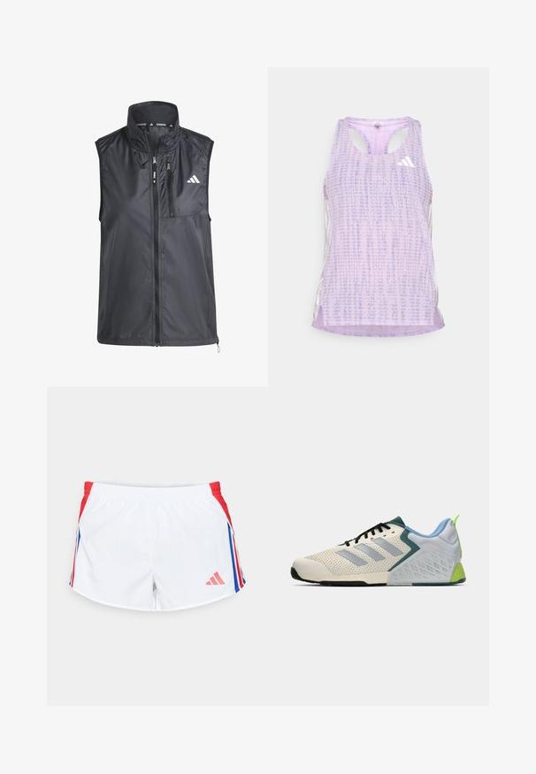 Gilet de course noir avec un col haut, des poches zippées et un tissu lisse et léger. Présente un design minimaliste avec un petit logo.; Débardeur de sport violet avec un tissu texturé et à motifs. Présente des côtés découpés et un petit logo blanc à l'avant.; Shorts de sport blancs avec des panneaux latéraux rouges ornés de rayures bleues. Taille élastique et logo en bas à gauche. Texture de tissu lisse.; Baskets de sport légères avec une tige en mesh crème, des rayures grises, un accent vert et un contrefort de talon texturé bleu. Lacets noirs.