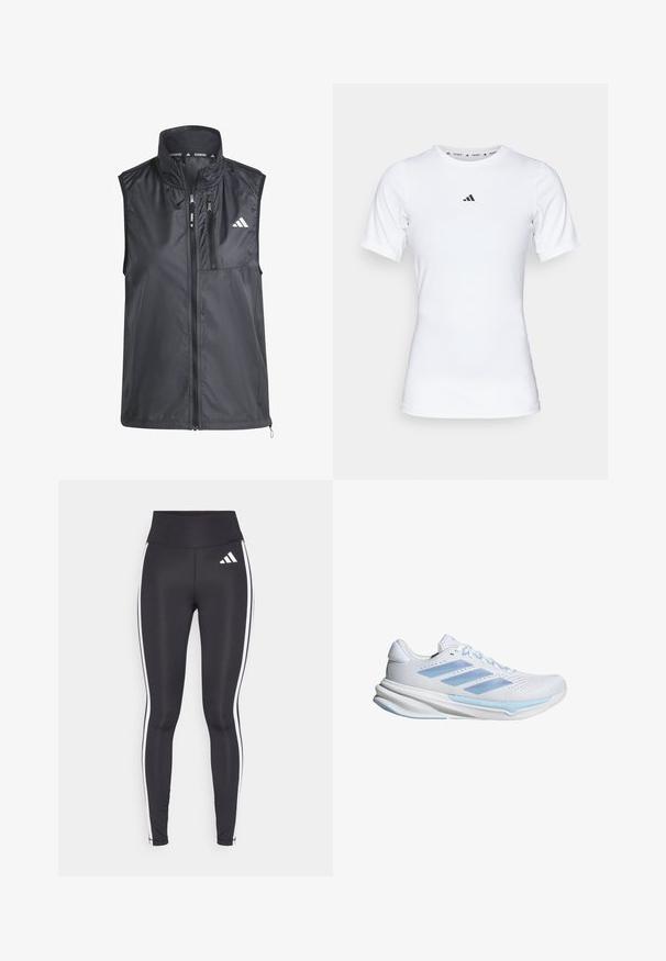 Zwarte hardloopvest met hoge kraag, ritssluitingen en glad, lichtgewicht materiaal. Heeft een minimalistisch design met een klein logo.; Witte sportshirt met korte mouwen, gemaakt van zachte, rekbare stof. Voorzien van een klein zwart Adidas-logo op de borst.; Zwarte legging met hoge taille, voorzien van witte zijkanten en een klein wit logo op de linkerbovenbeen. Gemaakt van een gladde, rekbare stof.; Witte hardloopschoenen met lichtblauwe accenten, ademend mesh bovenwerk, drie-stripes ontwerp, gevoerde zool en getextureerde tractiezool.