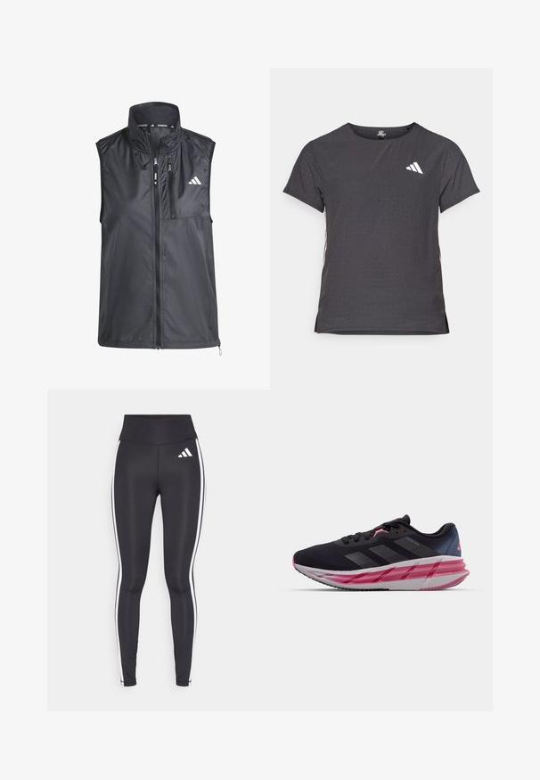 Must mustri jooksmiseks kõrge kaelusega, tõmblukkudega taskud ja sile, kerge kangas. Omab minimalistlikku disaini väikese logoga.; Lühikese varrukaga sportlik T-särk, tumehall, perforatsiooni tekstuuriga. Omab valget logo ja kontrastset külgtriipu. Ümar kaelus.; Mustad kõrge vöökoha ja valgete külje triipudega mustad retuusid, mille ülemises vasakus reies on väike valge logo. Valmistatud siledast ja venivast materjalist.; Mustmustavad sportlikud kingad, millel on tekstureeritud võrgust pealispind, roosad aktsendid ja hall vaheosa disain, mis sisaldab kihilisi struktuure pehmendamiseks.