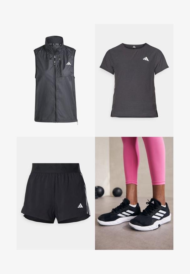 Sort løbevest med høj krave, lynlåslommer og glat, letvægtsstof. Har et minimalistisk design med et lille logo.; Kortærmet atletisk t-shirt, mørkegrå med perforeret tekstur. Har et hvidt logo og kontrastfarvede sidelister. Rundet halsudskæring.; Sorte sport shorts med elastisk talje, der har et tekstureret bånd, sidestreger og et hvidt Adidas-logo på den nederste kant.; Sorte sportssko med hvide striber, tekstureret mesh-overdel og en hvid sål. Bæres med pink leggings, der fremhæver træningstøj.