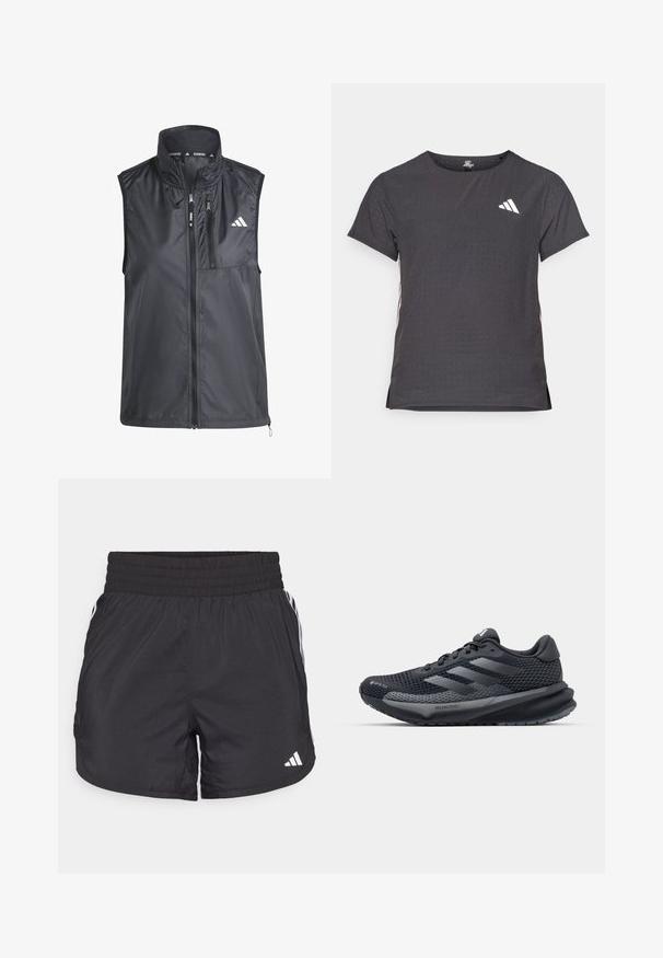 Černá běžecká vesta s vysokým límcem, se zipovými kapsami a hladkým, lehkým materiálem. Má minimalistický design s malým logem.; Kraťasový sportovní tričko, tmavě šedé barvy s perforovanou texturou. Obsahuje bílé logo a kontrastní boční pruhy. Kulatý výstřih.; Černé sportovní šortky s elastickým pasem, bočními kapsami a bílými pruhy po stranách. Vyrobené z lehkého materiálu.; Černá sportovní bota s texturovaným síťovaným svrškem, reflexními akcenty, polstrovanou podešví a aerodynamickým designem. Obsahuje logo se třemi pruhy.