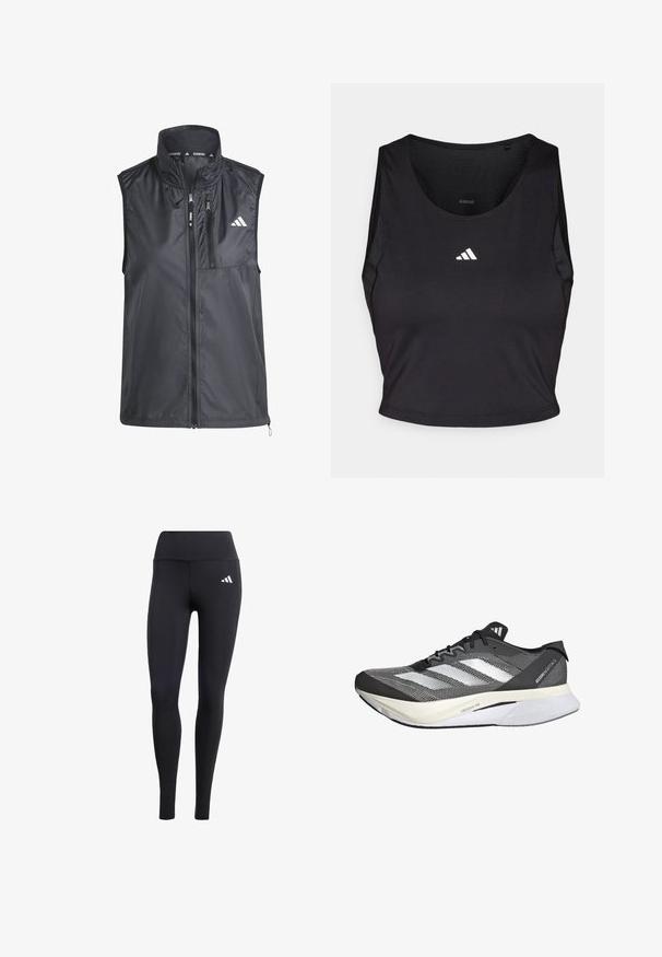 Chaleco de correr negro con cuello alto, bolsillos con cremallera y tejido suave y ligero. Presenta un diseño minimalista con un pequeño logotipo.; Top deportivo negro de corte corto, hecho de tela que absorbe la humedad, con cuello redondo, diseño sin mangas y logo blanco en el pecho.; Leggings negras de material elástico, con una cinturilla alta y un pequeño logo blanco, con un acabado suave y mate.; Zapatilla deportiva en blanco y negro con parte superior de malla, presenta tres franjas blancas, una suela prominente etiquetada como "LIGHTSTRIKE PRO" y un diseño aerodinámico.