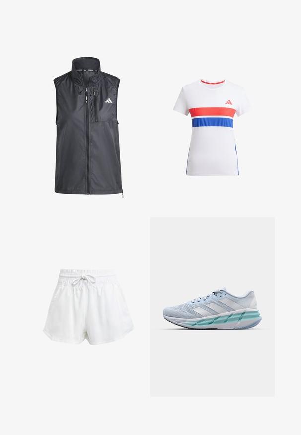 Czarna kamizelka biegowa z wysokim kołnierzem, zamykanymi na zamek kieszeniami i gładkim, lekkim materiałem. Posiada minimalistyczny design z małym logo.; Biała sportowa koszulka z czerwonymi i niebieskimi poziomymi paskami, okrągłym dekoltem, krótkimi rękawami i logo na piersi.; Białe sportowe szorty z elastycznym pasem i regulowanym sznurkiem. Wykonane z lekkiego materiału, z bocznymi kieszeniami i luźnym krojem.; Jasnoniebieskie buty sportowe z teksturowaną cholewką z dzianiny, białymi akcentami i przezroczystą zieloną podeszwą środkową. Okrągły czubek i wyściełany kołnierz.