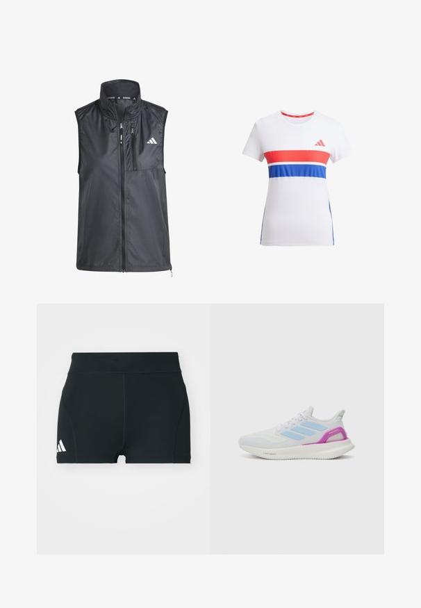 Zwarte hardloopvest met hoge kraag, ritssluitingen en glad, lichtgewicht materiaal. Heeft een minimalistisch design met een klein logo.; Witte sport t-shirt met rode en blauwe horizontale strepen, ronde halslijn, korte mouwen en een logo op de borst.; Zwarte sportieve shorts van rekbaar materiaal, met een hoge tailleband, aangesloten pasvorm en een wit Adidas-logo aan de linkerkant.; adidas Performance PUREBOOST 5 - Hardloopschoenen voor op de weg - white/glow blue/purple burst