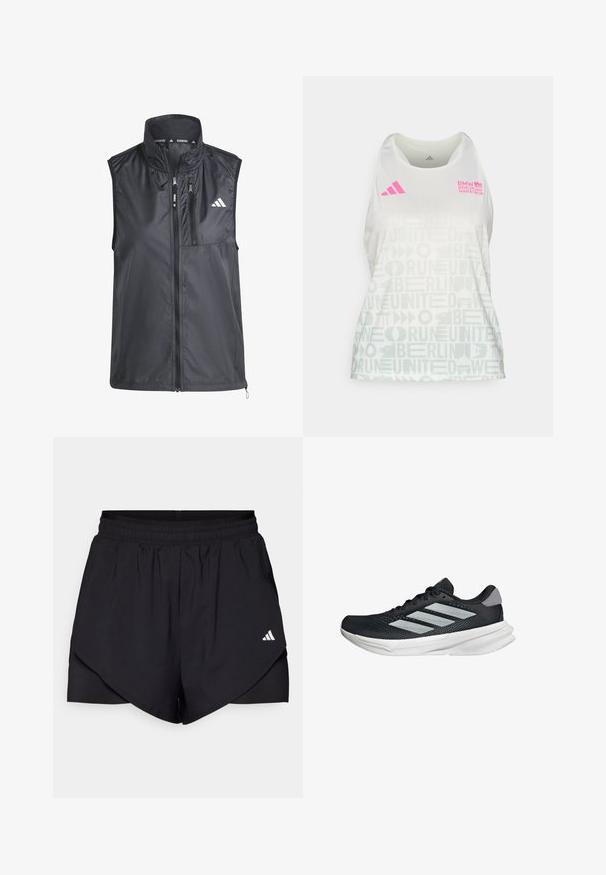 Čierna bežecká vesta s vysokým golierom, so zipsovými vreckami a hladkým, ľahkým materiálom. Disponuje minimalistickým dizajnom s malým logom.; adidas Performance BER25 AOP TK W - Top - crystal jade; Čierne športové kraťasy s viacvrstvovým dizajnom, vyrobené z ľahkej tkaniny. Majú elastický pás a malé biele logo na boku.; Čierna behacia obuv s vrchnou časťou z priedušného materiálu, tromi striebornými pruhmi, bielou medzipodrážkou a textúrovanou podrážkou. Obsahuje polstrovaný golier a uzatváranie na šnúrky.