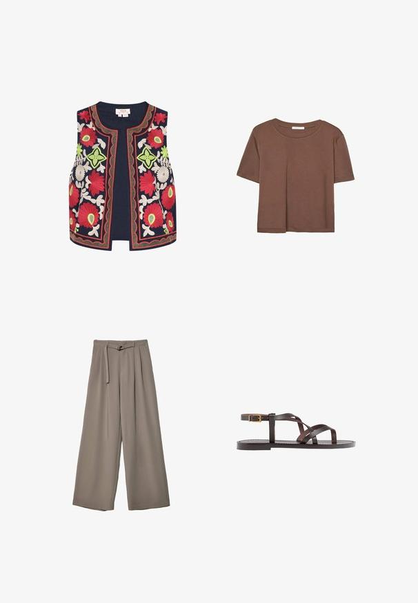 Mornarica vezen prsluk sa šarenim cvjetnim motivima u crvenoj, zelenoj i bijeloj boji, s ukrasnim rebrastim rubovima i otvorenim prednjim dijelom.; Smeđi kratki rukav majica od mekog materijala, s okruglim izrezom i opuštenim krojem. Nema vidljivih uzoraka ili naglasaka.; Široke hlače u mekoj, prigušenoj sivoj tkanini, s remenom na struku i plisiranim detaljima za dodatni dizajn. Glatka tekstura, bez uzoraka.; Smeđe kožne sandale s iskrižanim trakama, umetkom za zapešće s kopčanjem i ravnim potplatom s minimalnim detaljima šivanja.