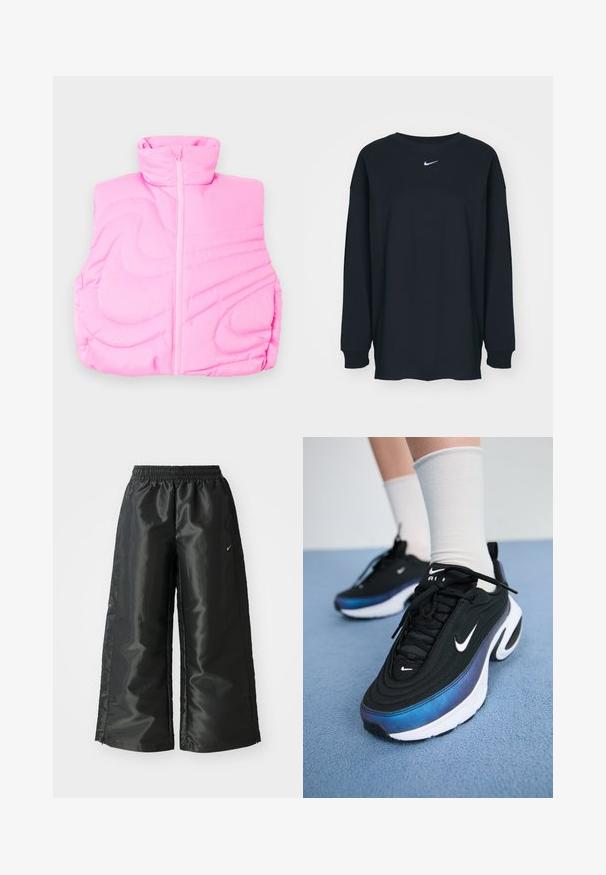 Rosa tredjakke med høy hals, med en sentral glidelås og kviltet mønster. Glatt tekstur med et mykt, lett utseende.; Svart langermet T-skjorte laget av bomull med rund hals. Har en hvit Nike-logo på brystet. Myk tekstur, enkelt design.; Svarte treningsbukser med en blank, glatt stoff, som har et elastisk liv, vide ben og en liten logo på venstre side.; Sorte Nike joggesko med en glatt stoffoverdel, med et gradientdesign fra blått til svart, hvit såle og fremtredende logoaksenter.