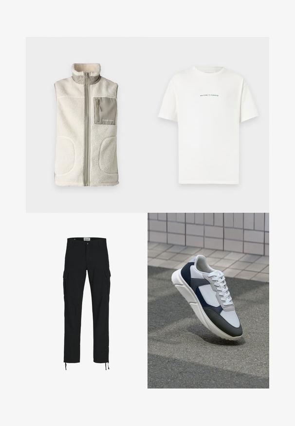 Fleece vest in gebroken wit met hoge kraag, rits aan de voorkant en een grijze borstzak met ritssluiting en logo. Textuur, warm materiaal.; Witte katoenen t-shirt met korte mouwen en een ronde hals. In het midden staat de tekst "WELKOM BIJ HET PARADIJS" in een gebogen groene lettertype.; Zwarte cargobroek met een rechte snit, voorzien van zijzakken, een knoopsluiting en elastische trekkoorden bij de enkels. Gemaakt van duurzame stof.; Witte, marineblauwe en grijze sneaker met een gemengde materiaald ontwerp, met een gestructureerde bovenkant, platte veters en een gevoerde zool.