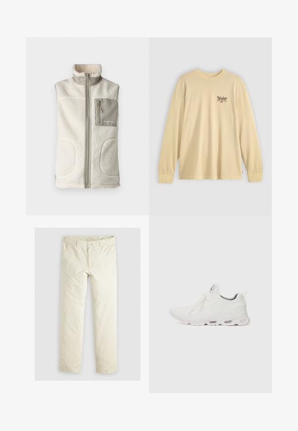 Fleecevest i off-white med høj krave, frontlynlås og en grå brystlomme med lynlås og logo. Tekstureret, varmt materiale.; Langærmet beige T-shirt lavet af blødt bomuld, med et lille grafisk design på brystet, klassisk rund halsudskæring og løs pasform.; Lys beige løstsiddende bukser med tre lommer, bæltestropper og lige ben. Fremstillet af et blødt bomuldsblandingsstof.; Hvide atletiske sko med en tekstureret strikket overdel, flade snørebånd og en polstret sål med synlige luftkamre for ekstra støtte.