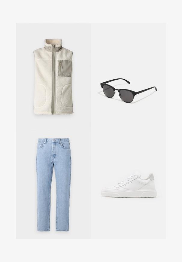 Fleece-Weste in Off-White mit hohem Kragen, Frontreißverschluss und einer grauen Brusttasche mit Reißverschluss und Logo. Strukturiertes, warmes Material.; Weißes Baumwoll-T-Shirt mit kurzen Ärmeln, Rundhalsausschnitt und lässigem Schnitt. Glatte Textur ohne sichtbare Muster oder Akzente.; Helle blaue Denim-Jeans mit geradem Schnitt, fünf Taschen und einem Knopfverschluss. Weiche Textur mit klassischem, ausgebleichtem Finish.; Weiße Leder-Sneaker mit glatter Oberfläche, rundem Zehenbereich, flachen Schnürsenkeln und strukturiertem Schuhsohlen. Graues Wildleder-Detail an der Ferse.; Schwarze Sonnenbrille mit runden Gläsern, matter Oberfläche und markanter Cat-Eye-Form. Schlanke Bügel mit dezenter Markenkennzeichnung am linken Schläfenstück.