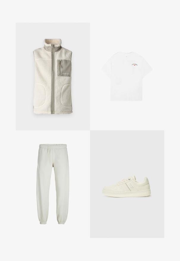 Fleecevest i off-white med høj krave, frontlynlås og en grå brystlomme med lynlås og logo. Tekstureret, varmt materiale.; Hvid bomulds t-shirt med korte ærmer, rund halsudskæring, og et lille grafisk motiv med teksten “LA VILLE LUMIÈRE” i sort og rød på den øverste del af ryggen.; Hvide sweatpants lavet af blødt stof, med elastisk talje og håndled, der har en glat tekstur og løs pasform.; Cremefarvet sneaker med perforeret detaljering, snørebånd og logo på siden, præsenteret mod en simpel hvid baggrund.
