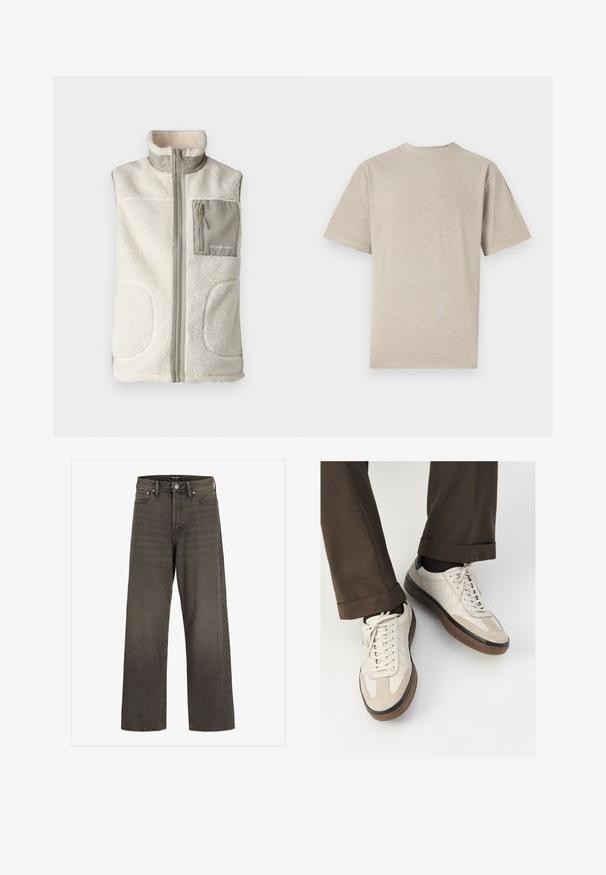 Gilet in pile di colore avorio con colletto alto, cerniera frontale e una tasca sul petto grigia con chiusura a zip e logo. Materiale testurizzato e caldo.; T-shirt a maniche corte di colore beige chiaro con colletto girocollo, realizzato in tessuto morbido, con una texture liscia e un design semplice senza grafiche.; Jeans a gamba larga in denim grigio scuro, con vita alta, design classico a cinque tasche e cuciture a contrasto lungo le cuciture.; Sneakers beige con una parte anteriore in suede testurizzato, lati in pelle liscia e una suola in gomma marrone. Inclusi lacci e dettagli di cucitura leggera.