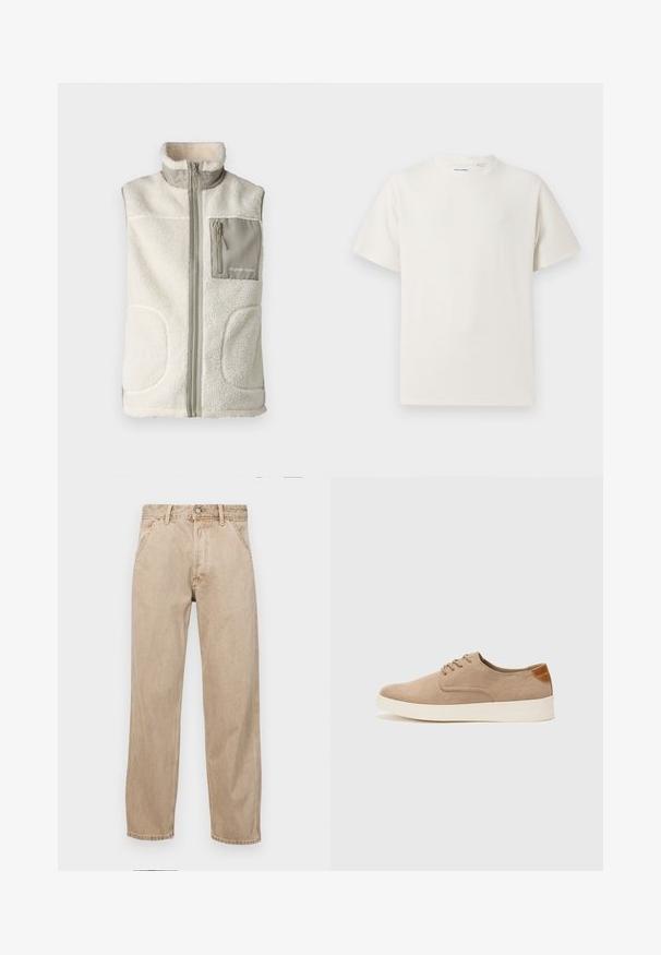 Off-white színű gyapjú mellény magas gallérral, elülső cipzárral és szürke mellzsebbel, amely cipzáras záródással és logóval rendelkezik. Texturált, meleg anyag.; Fehér, rövid ujjú póló bordázott textúrával. Kerek nyakkivágás, laza szabás, nincs látható minta vagy díszítés. Egyszerű és sokoldalú dizájn.; Beige színű farmernadrág egyenes fazonnal, elülső zsebekkel, fém gombos záródással és diszkrét textúrával.; Beige velúr sportcipő, kerek orral, fűzős elülső résszel és textúrált hátsó részlettel. Fehér gumitalp kontrasztot ad. Egyszerű és modern design.