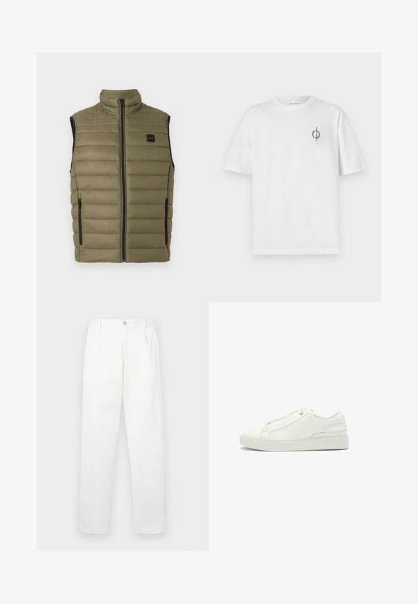 Olivgrüne Steppweste mit hohem Kragen, Reißverschluss vorne und schwarzen Seitenpanelen. Mit horizontalen Nähten und einem Logopatch ausgestattet.; Weißes Baumwoll-T-Shirt mit lockerer Passform, das ein kleines schwarzes Grafiklogo auf der linken Brustseite aufweist. Kurze Ärmel, Rundhalsausschnitt.; Weiße Hose aus glattem Gewebe, mit geradem Bein, Vorderfalten und einem einzelnen Knopfverschluss an der Taille.; Weiße Leder-Sneaker mit strukturierter Oberseite, runder Zehenform, minimalistischem Design und Gummisohle mit gestickten Details.