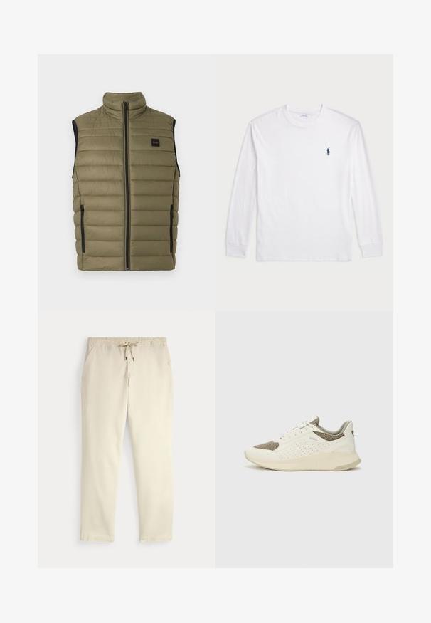 Olivovo zelená pufrová vesta s vysokým golierom, predným zipsom a čiernymi bočnými panelmi. Obsahuje horizontálne švy a logo nášivku.; Biele tričko s dlhým rukávom vyrobené z bavlny. Má okrúhly výstrih, pružné manžety a malé námornícky modré logo polo na ľavej hrudi.; Krémové voľné nohavice s elastickým pásom a šnúrkou, rovné nohy a bočné vrecká na jednofarebnom pozadí.; Biele a svetlo béžové športové tenisky s hornou časťou z mriežkového materiálu, perforovanými detailmi a textúrovanou medzipodrážkou s logom na päte.