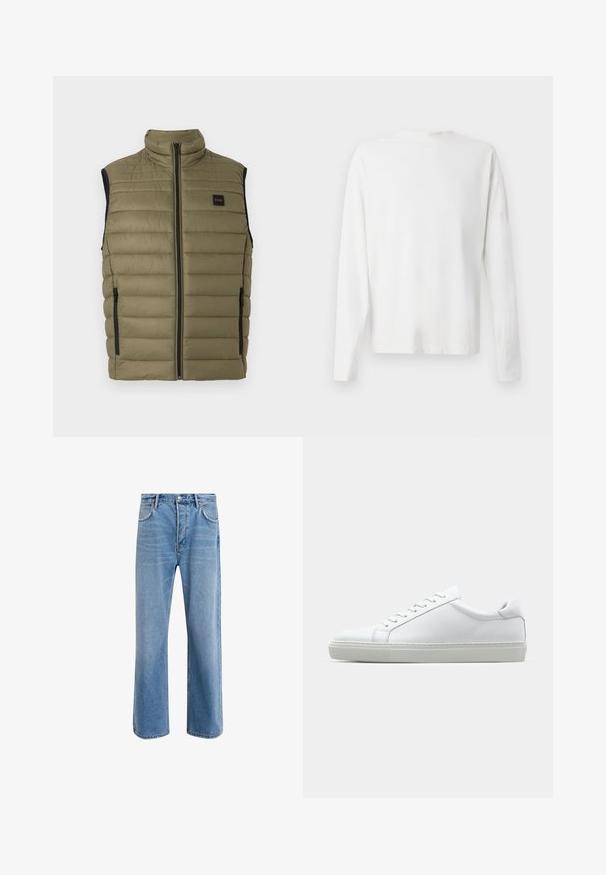 Olivza zaļa pūkaina veste ar augstu apkakli, priekšējo rāvējslēdzēju un melnām sānu paneļiem. Iespējami horizontāli šuvumi un logotipa uzlīme.; Garums piedurkņu baltā kokvilnas krekls ar apaļu dekoltē, sānu šķēlumiem apakšā un gludu tekstūru, redzams no aizmugures.; Gai zilas džinsu bikses ar taisnām kājām, piecām kabatām, pogu aizvēršanu, minimālu izbalēšanu un kontrastējošiem šuvju elementiem.; Baltie sporta apavi ar gludu ādas virsu un zemu profilu. Iezīmējas ar noapaļotu purngalu, sešām acīm un teksturētu gumijas zoli.