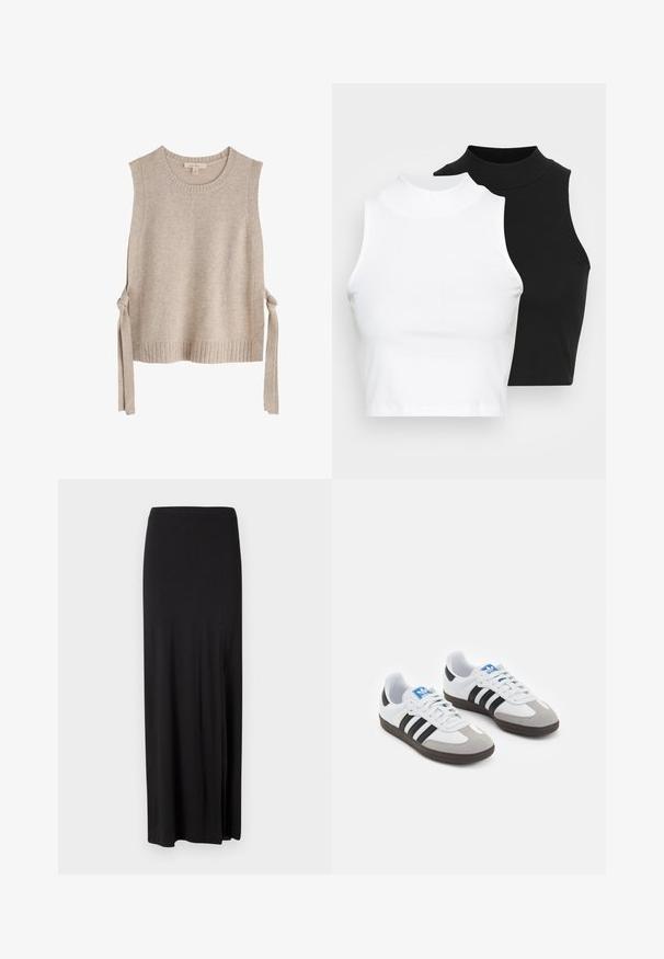 Béžový pletený bezrukávový top s kulatým výstřihem, žebrovaným lemem a tkaničkami po obou stranách. Měkká textura s minimalistickým designem.; Dvě bezrukávové halenky s ribovým stojáčkem v černé a bílé barvě, které mají přiléhavý střih a hladkou texturu, s krácenou délkou.; Černá maxi sukně vyrobená z měkkého, elastického materiálu. Obsahuje boční rozparek a jednoduchý, elegantní design bez ozdob.; Sportovní boty s bílým koženým svrškem, šedou semišovou špičkou a třemi černými pruhy. Obsahují modré logo na jazyku a texturovanou gumovou podrážku.