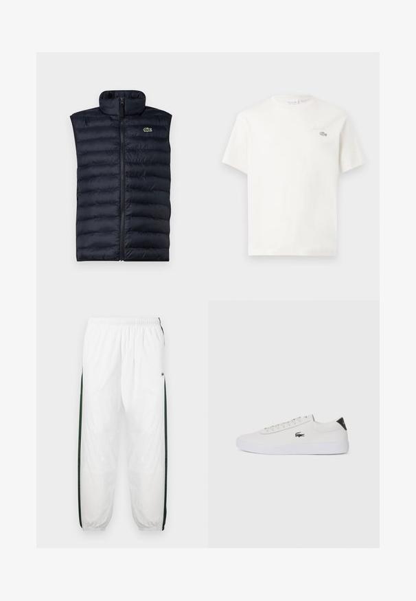 Jūras spēku pūkains veste ar augstu apkakli, priekšējo rāvējslēdzēju un horizontālu quilted rakstu. Iekļauj mazu zaļu logotipu augšējā kreisajā pusē.; Balts kokvilnas T-krekls ar īsām piedurknēm, kuram ir smalka izšūta logo un minimālisma dizains. Mīksta tekstūra, apaļa kakla izgriezums.; Baltas sporta bikses ar tumši zaļām sānu joslām. Viegls materiāls, elastīga josta un aproces apakšā. Satur acu auduma tekstūru sānu joslās.; Baltas ādas sporta apavu modelis ar noapaļotu purngalu, sasienamu priekšpusi un melnu papēža akcentu. Satur nelielu izšūtu krokodila logo sānos.