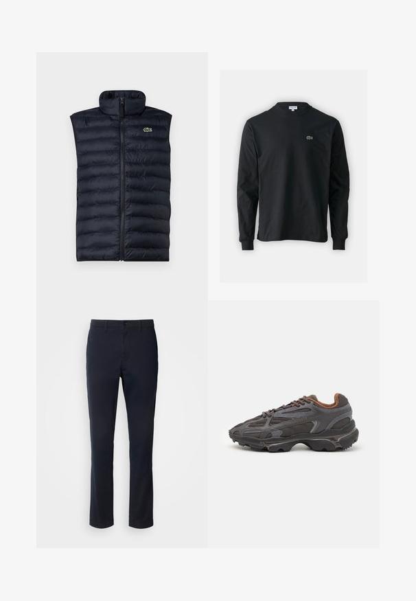 Mornarska puhovka brez rokavov z višjim ovratnikom, sprednjim zadrgo in vodoravnim prešitim vzorcem. Ima majhen zeleni logotip na zgornji levi strani.; Črna dolgi rokavi majica iz bombaža, z okroglim ovratnikom in majhnim zelenim vezenim logotipom krokodila na levem prsnem delu.; Mornarsko modre hlače iz gladkega blaga, z ravnim krojem, z zankami za pas in gumbom za zapiranje s svetlico.; Lacoste teniske v temno sivi barvi z mrežasto in sintetično prevleko, s teksturiranim podplatom in rjavimi detajli na ovratniku ter blagovni znamki.