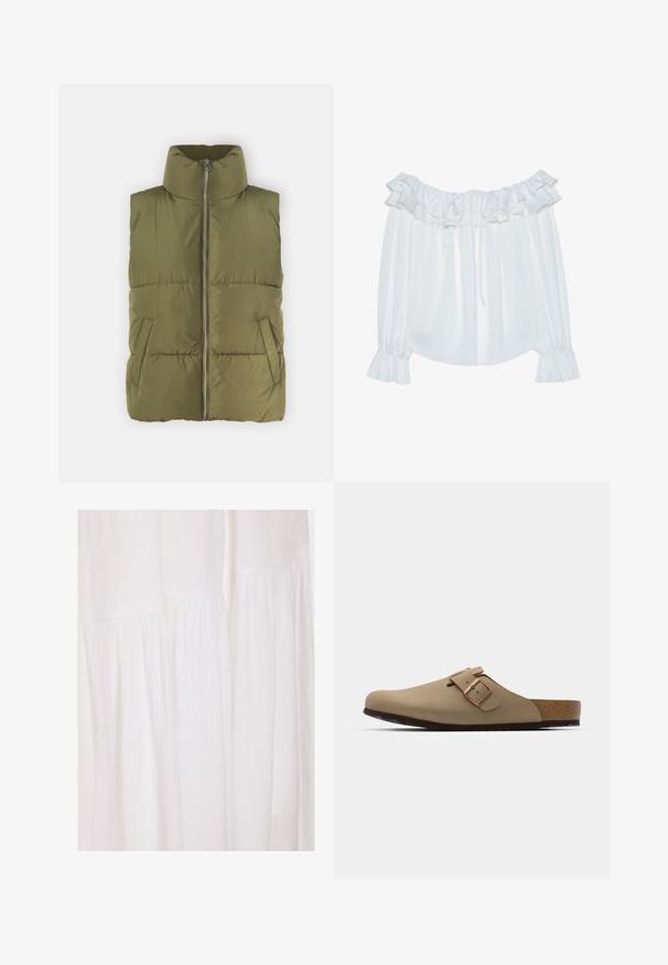 Pufasta prsluk maslinasto zelene boje s visokim ovratnikom, prednjim patentnim zatvaračem i bočnim džepovima. Ima kadriranu teksturu i podstavljeni dizajn za dodatnu izolaciju.; Bijela bluzica bez ramena izrađena od glatke tkanine, s volanastim izrezom, prednjim vezanjem i rukavima sa elastičnim rubovima.; Bijela haljina od tkanine koja ima teksturiranu površinu s mekanim nabora i neuređenim dizajnerskim elementima, stvarajući lepršavu siluetu.; Bež drvene cipele s okruglim vrhom, podešavajućim kopčama i plutastim uloškom. Teksturirana površina s crnim gumiranim potplatom za bolje prianjanje.