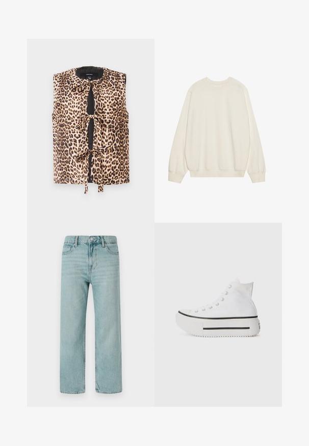 Blusa sem mangas em padrão de tipo de pele de leopardo com fecho em laço, apresentando um tecido suave, decote redondo e detalhes em preto contrastantes na parte da frente.; Sweatshirt beige claro feito de uma mistura de algodão suave. Apresenta mangas longas, decote redondo e punhos e bainha canelados com um corte descontraído.; Jeans de perna larga azul claro feitos de denim, apresentando um clássico design de cinco bolsos, linhas limpas e uma cintura regular com fecho de botão.; Sneakers brancos de cano alto com parte superior em lona, sola de borracha, detalhe em faixa preta e fecho com atacadores. Sola texturizada para maior aderência.