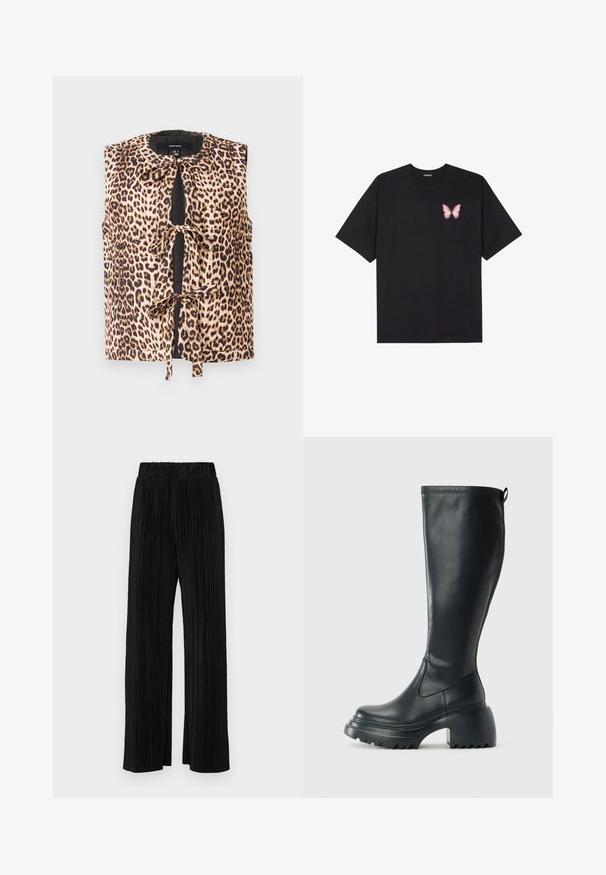 Blusa sem mangas em padrão de tipo de pele de leopardo com fecho em laço, apresentando um tecido suave, decote redondo e detalhes em preto contrastantes na parte da frente.; T-shirt de algodão preto com mangas curtas, apresentando um pequeno gráfico de borboleta rosa no lado esquerdo do peito. Design de gola redonda com um corte solto.; Calças pregueadas pretas com uma cintura elástica. Apresentam pernas largas e um tecido liso, texturizado com riscas verticais.; Bota preta de couro alta com sola de plataforma robusta e salto bloco, apresentando puxador e padrão texturizado na sola.