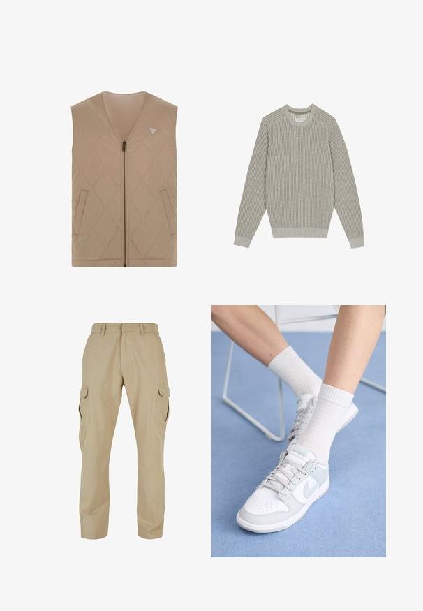 Bēša bezpiedurkņu segu veste ar V veida kakla izgriezumu, ar rāvējslēdzēju priekšā, divām sānu kabatām un dimanta formas šuvēm. Augšējā kreisajā pusē ir logo.; Gai pelēks adīts džemperis ar ribotām tekstūrām, apaļu kakla izgriezumu un garām piedurknēm. Vienkāršs dizains, elastīgas apakšmalas, minimāls noformējums.; Beige kravas bikses, kas izgatavotas no kokvilnas twila, ar vairākiem sānu kabatām, taisnu kāju dizainu un rāvējslēdzēja jostiņu ar jostas cilpiņām.; Baltas apavums ar gaiši zilo akcentu, ādas virspusē, caurumiņiem purngalā, biezām auklām un ribotām baltām zeķēm uz zila fona.