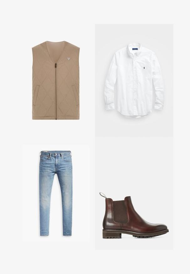 Beige színű, ujjatlan, párnázott mellény V-nyakkal, cipzáras elülső résszel, két oldalsó zsebbel és gyémántmintás varrással. A bal felső részen logó található.; Fehér, hosszú ujjú, gombos férfiing pamutból. Klasszikus gallérral, gombos mandzsettával és egy kis sötétkék hímzett logóval a mellrészen.; Fekete, túlméretes póló sötétszürke "ALLSAINTS" felirattal a mellkason, alatta kisebb betűkkel "LONDON" felirattal.; Világoskék, slim fit farmernadrág enyhe kopással a combokon, elöl gombos záródással, övbujtatókkal és öt zsebbel, fehér háttérrel.; Barna bőr Chelsea csizmák elasztikus oldalsó panelek, húzófül és mintázott gumitalp jellemzi. Simább felület és tartós alacsony sarkú kialakítás.