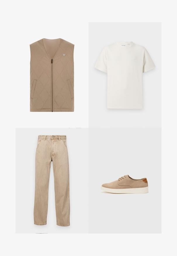Beige ärmelleste Weste mit V-Ausschnitt, Reißverschluss vorne, zwei Seitentaschen und Rautenmuster-Steppung. Mit einem Logo auf der oberen linken Seite.; Weißes T-Shirt mit kurzen Ärmeln in gerippter Textur. Runder Ausschnitt, lockere Passform, keine sichtbaren Muster oder Akzente. Einfaches und vielseitiges Design.; Beige Denim-Jeans mit geradem Beinschnitt, ausgestattet mit Vordertaschen, einem Metallknopfverschluss und feiner Textur.; Beige Wildleder-Sneaker mit runder Zehenpartie, Schnürung und strukturiertem Rückenteil. Die weiße Gummisohle sorgt für einen Kontrast. Einfaches und modernes Design.