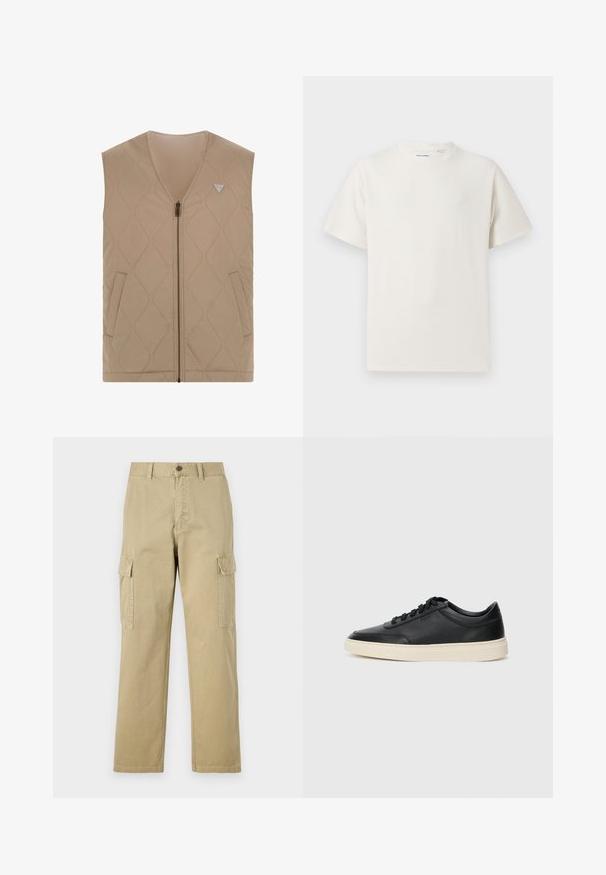 Bežinė be rankovių pūkinė liemenė su V formos iškirpte, užtrauktuku priekyje, dviem šoninėmis kišenėmis ir deimantinio rašto siuvinėjimu. Viršutiniame kairiajame kampe yra logotipas.; Balta trumpa rankovė T-polo marškinėlių su juostelėmis tekstūra. Apvalus iškirpimas, laisvas fasonas, jokių matomų raštų ar akcentų. Paprastas ir universalus dizainas.; Kreminės spalvos cargos kelnės, pagamintos iš medvilnės, su dviem šoninėmis kišenėmis, mygtukų užsegimu ir tiesiomis kojomis, šiek tiek tekstūruotu audiniu.; Juoda žema viršutinė odinė sportbačiai su juodais raišteliais ir kreminiu padu, pateikti šoniniame profilyje ant baltos fono.