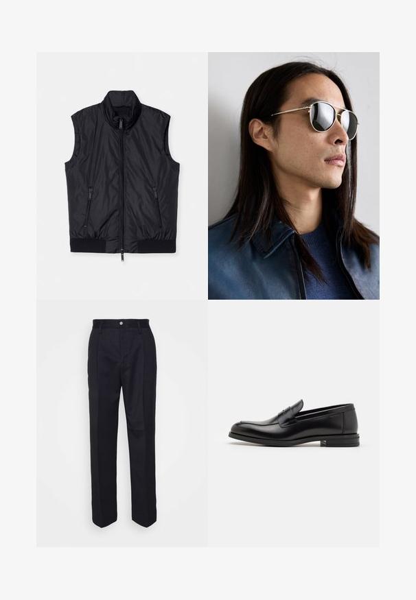 Zwarte mouwloze vest, gewatteerd ontwerp, hoge kraag, ritsluiting aan de voorkant, twee ritszakken aan de zijkanten, elastische onderrand, zachte textuur.; Witte ribgebreide trui met een ronde hals en lange mouwen. Heeft een kleine logo-brodering op de borst. Zachte textuur, aansluitend ontwerp.; Zwarte op maat gemaakte broek met een rechte pijpontwerp, gemaakt van gladde stof, met een sluiting met een frontknop en twee zakken aan de zijkant.; Zwarte leren instappers met een gladde textuur, ronde neus en een decoratieve band over de wreef. Lage, gestapelde hak en minimalistisch ontwerp.; Metalen zonnebril met reflecterende lenzen, met een aviatorvorm, zilveren montuur en details op de tempel. Geddragen met een blauwe trui en jas.