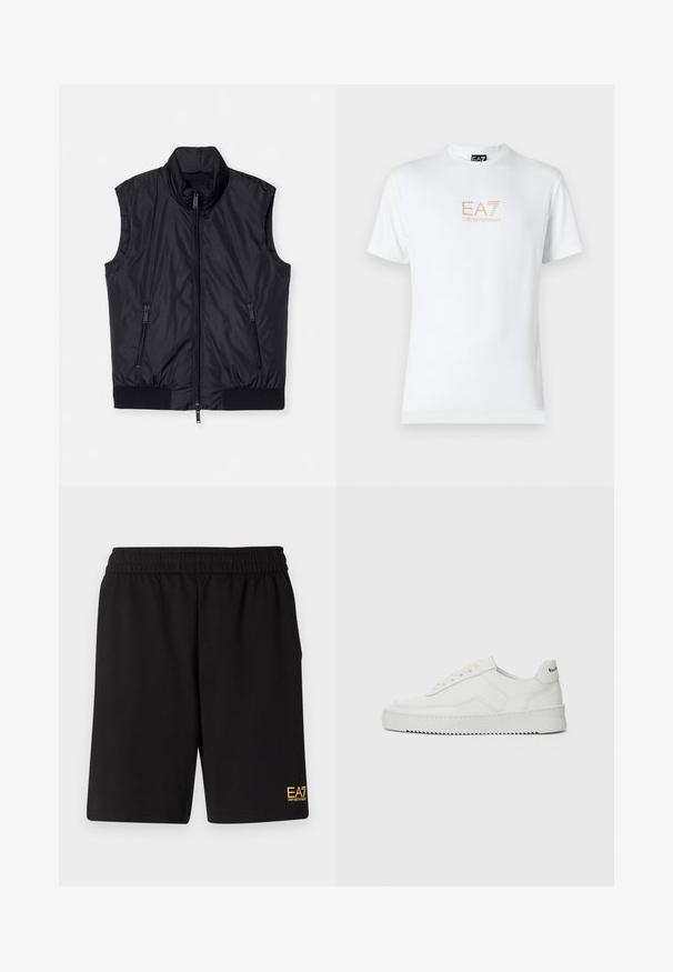 Schwarze ärmellose Weste, gepolstertes Design, hoher Kragen, Frontreißverschluss, zwei seitliche Reißverschlusstaschen, elastischer Saum am Boden, glatte Textur.; Weißes Baumwoll-T-Shirt mit Rundhalsausschnitt und kurzen Ärmeln, mit einem goldenen EA7 Emporio Armani-Logo auf der Vorderseite.; Schwarze Sportshorts aus weichem Material, mit einem elastischen Bund und einem kleinen gelben EA7-Logo am unteren linken Bein.; Weiße Ledersneaker mit glatter Oberfläche, runder Zehenpartie, flachen Schnürsenkeln und strukturiertem Sohlenprofil. Mit einem dezenten Logo an der Ferse.