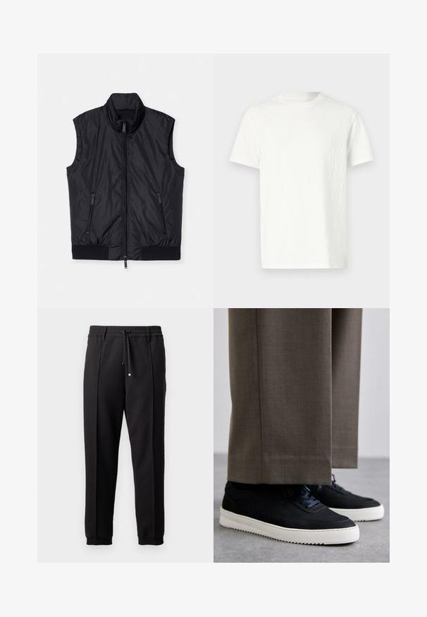 Schwarze ärmellose Weste, gepolstertes Design, hoher Kragen, Frontreißverschluss, zwei seitliche Reißverschlusstaschen, elastischer Saum am Boden, glatte Textur.; Weißes T-Shirt mit kurzen Ärmeln, leicht strukturierter Oberfläche und rundem Halsausschnitt. Keine sichtbaren Muster oder Hardware-Details.; Schwarze Hose mit einem Bund, Kordelzug und elastischen Bündchen. Sie verfügt über Plissees und einen glatten, strukturierten Stoff.; Schwarze Wildleder-Sneaker mit weißen Gummisohlen, mit einer abgerundeten Zehenpartie und Schnürsenkeln, getragen zu grauen maßgeschneiderten Hosen.