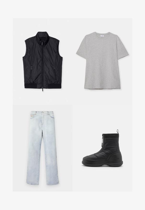 Gilet senza maniche nero, design imbottito, colletto alto, chiusura frontale con zip, due tasche laterali con zip, orlo elastico in fondo, texture liscia.; T-shirt grigio a maniche corte realizzato in morbido tessuto testurizzato. Presenta un classico colletto a girocollo e un orlo dritto, adatto per un abbigliamento casual.; Jeans in denim azzurro chiaro con design a gamba dritta, dotati di chiusura a bottone, cinque tasche e cuciture a contrasto.; Stivale da neve impermeabile nero con tomaia sintetica liscia, chiusura con zip, collo imbottito e suola in gomma testurizzata. Contrassegnato dal marchio "MOON BOOT".