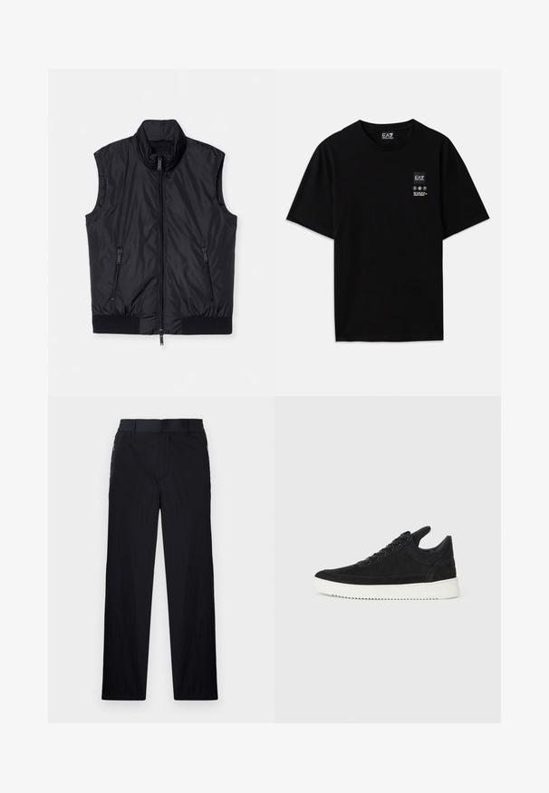 Čierna bezrukávová vesta, vypchávkový dizajn, vysoký golier, predné uzatváranie na zips, dve bočné vrecká na zips, elastický spodný lem, hladká textúra.; Čierne bavlnené tričko s krátkymi rukávmi, okrúhlym výstrihom a malou logom na prednej strane, ktorá obsahuje symboly starostlivosti v bielej farbe.; Čierne nohavice z ľahkého textúrovaného materiálu, s priamym strihom, elastickým pásom a bočnými zipsovými vreckami.; čierne semišové tenisky s bielou gumovou podrážkou, s tonálnym prešívaním a šnurovaním. Hladká textúra s moderným, zjednodušeným tvarom.