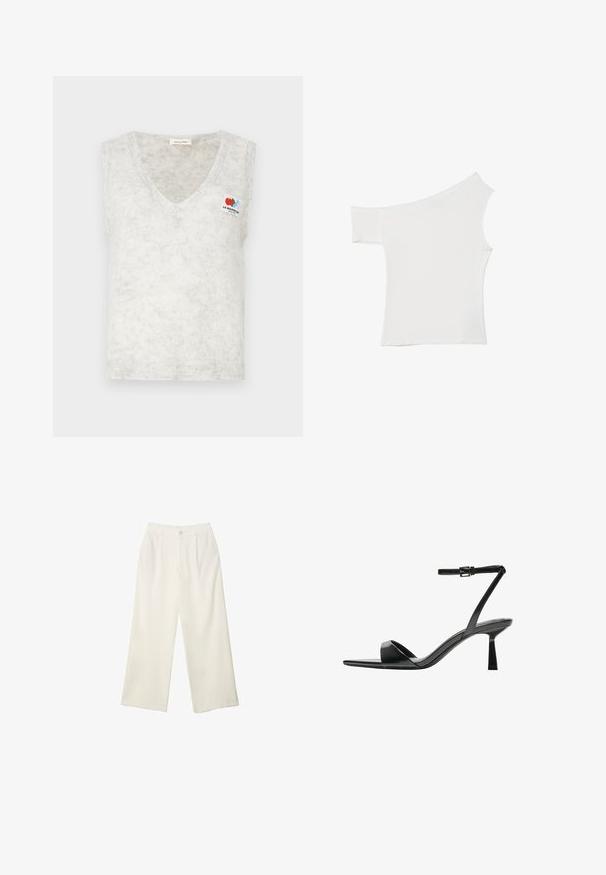 Ljust grå ärmlös stickad topp med V-ringning; har en liten färgglad logopatch på vänster bröst. Mjuk textur med ett subtilt mönster.; Asymmetrisk vit topp i mjukt tyg, med en kort ärm och en off-shoulder design, med ett rent och minimalistiskt utseende.; Breda byxor i krämfärgad tyg med en mjuk yta, med en enda knapp fram, subtila veck och en hög midja design.; Bershka Sandaletter - black
