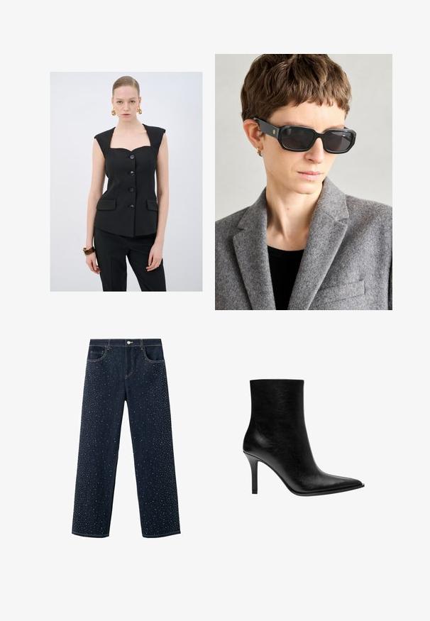 Czarny dopasowany top bez rękawów z kwadratowym dekoltem, pięcioma guzikami i dwiema przednimi kieszeniami. Gładka tekstura z wyraźną konstrukcją.; Biała bluzka z długim rękawem i dekoltem łódkowym. Wykonana z miękkiego materiału, z rozszerzanymi rękawami i prostym wykończeniem, oferująca prosty i uniwersalny design.; Ciemnoniebieskie dżinsy o szerokim kroju, z rozsypanymi ozdobami z cyrkonii z przodu. Klasyczny styl z pięcioma kieszeniami.; Czarne skórzane botki za kostkę z wąskim noskiem, smukłym obcasem typu stiletto, gładką teksturą i minimalistycznym designem. Brak widocznych elementów metalowych lub akcentów.; Czarne prostokątne okulary przeciwsłoneczne z ciemnymi soczewkami, matowym wykończeniem i złotym logo na ramionku; noszone z szarym wełnianym żakietem i czarną bluzką.