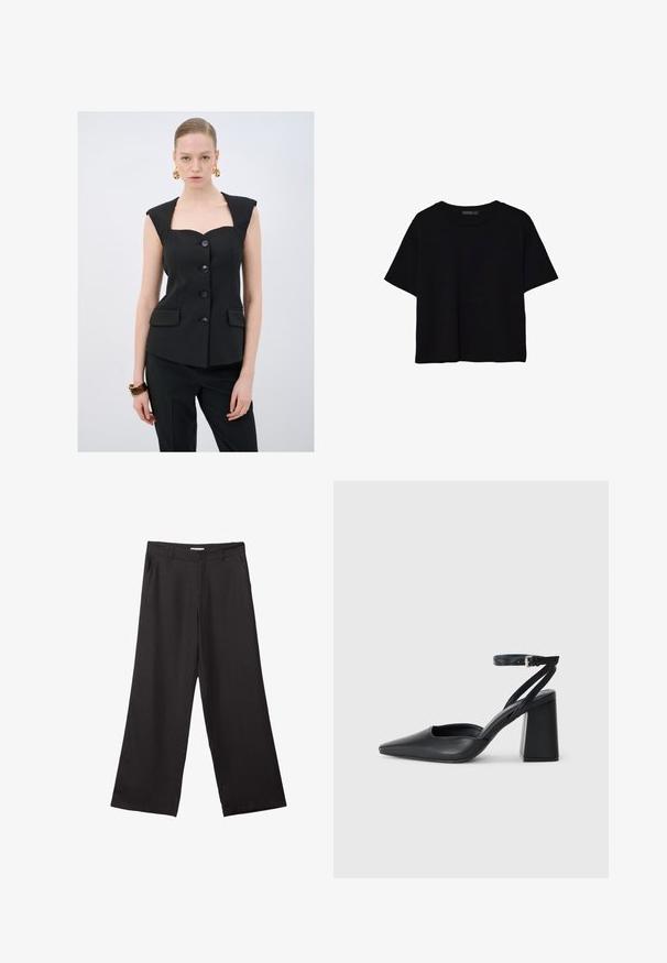 Schwarzes, enganliegendes ärmelloses Oberteil mit eckigem Ausschnitt, fünf Knöpfen und zwei Fronttaschen. Glatte Textur mit strukturiertem Design.; Stradivarius REGULAR FIT - T-Shirt basic - black; Schwarze weite Hosen aus glattem Stoff, mit einem Reißverschluss vorne und zwei seitlichen Taschen, maßgeschneiderter Passform und minimalistischem Design.; Schwarze Leder-Pumps mit spitzer Zehe, einem Knöchelriemen und einem blockigen Absatz. Flache Textur, elegantes Design und minimalistische Ästhetik.