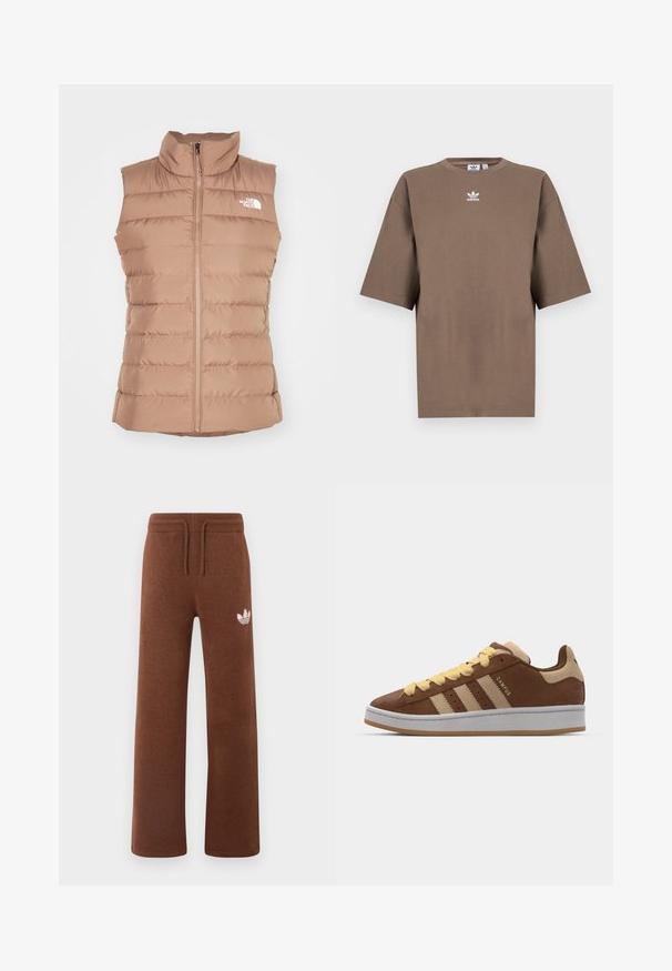Kamizelka puchowa w jasnobrązowym kolorze, z wysokim kołnierzem, przednim zamkiem i pikowanym wzorem z poziomymi przeszyciami. Logo na lewej piersi.; Brązowa bawełniana koszulka z krótkim rękawem, okrągłym dekoltem i białym logo Adidas umiejscowionym na środku klatki piersiowej, charakteryzująca się prostym wzornictwem i luźnym krojem.; Brązowe dresy z miękkiego materiału o luźnym kroju, z elastyczną talią, sznurkiem ściągającym oraz białym logo na lewej udzie.; adidas Originals CAMPUS brązowy