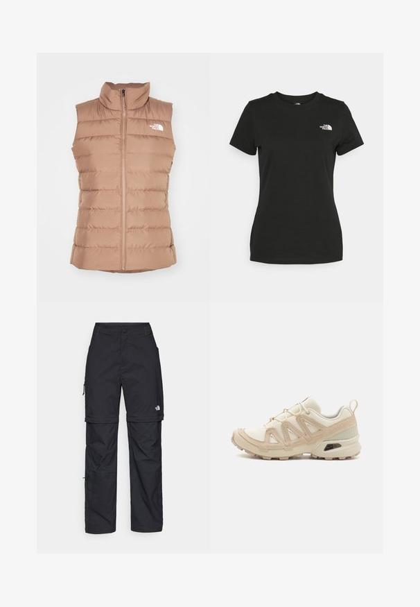 Vesta pufo de culoare marron deschis, având guler înalt, fermoar frontal și un design matlasat cu cusături horizontale. Logo pe pieptul stâng.; Tricou din bumbac negru, cu guler rotund și mâneci scurte. Logo alb notabil în partea stângă sus. Textură netedă, croi casual.; Pantaloni cargo din nylon negru, cu fermoar detașabil, manșete ajustabile, multiple buzunare și un logo pe piciorul drept. Textură netedă și ușoară.; Pantofii sport bej și crem au un superior din plasă texturată, suprapuneri de susținere și o talpă din cauciuc cu un model de profil pentru aderență.