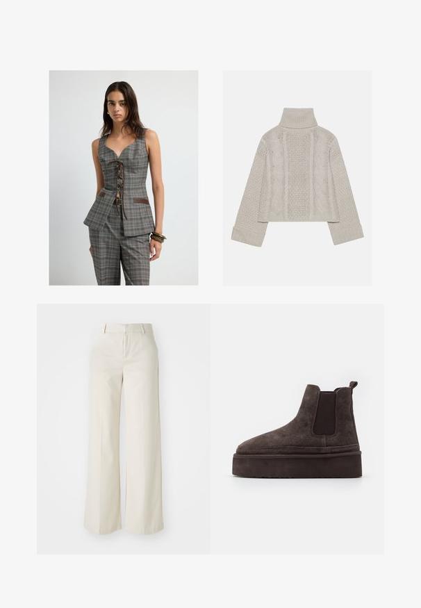 Frau trägt eine graue karierte ärmellose Weste mit Schnürung und passende Hose, accessoriert mit Armbändern an ihrem rechten Handgelenk.; Gekürzter, hellgrauer Strickpullover mit hohem Kragen und gerippten Bündchen, ausgestattet mit strukturierten Zopfmustern entlang des Rückens und der Seiten.; Weite Hosen in einem hellbeigen Farbton, aus einem glatten Stoff gefertigt. Mit einem klassischen Bund und flachem Vorderteil, das klare Linien zeigt.; Braune Wildleder Chelsea-Stiefel mit elastischen Seitenpaneelen und einer dicken, strukturierten Plattformsohle. Mit einem Ziehband an der Ferse für ein einfaches An- und Ausziehen.