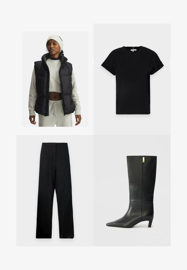 Črn puhovka z visokim ovratnikom in žepi na zadrgo, oblečena preko svetlo sive teksturirane puloverja, v kombinaciji z belim pletenim trakcem za glavo.; Črna bombažna majica s kratkimi rokavi, ki je zavita, z reljefnim logotipom na sredini in majhnim naglasnim zastavnim motivom na strani.; Črne hlače širokega kroja, izdelane iz lahkega materiala. Imajo gladko teksturo, visok pas in minimalne šive.; Črne usnjene škornje do kolen s koničastim nosom in majhnim petam. Imajo elegantno zasnovo z zlatim poudarkom. Gladka tekstura.