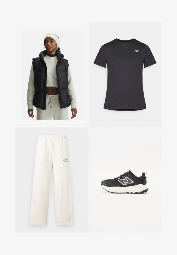 Czarna kamizelka puchowa z wysokim kołnierzem i zamykanymi na zamek kieszeniami, noszona na jasnoszarej, teksturowanej bluzie, w zestawieniu z białą dzianinową opaską na głowę.; Czarny t-shirt z krótki rękawem, wykonany z miękkiej tkaniny, z małym szarym logo New Balance na górnej lewej części klatki piersiowej, klasyczny krój z okrągłym dekoltem.; Jasno-kremowe spodnie typu wide-leg wykonane z miękkiego materiału z elastycznym pasem. Posiadają subtelny, zielony haft na przodzie.; Czarne buty sportowe z teksturowaną cholewką, kontrastującą białą podeszwą środkową oraz wyraźnym szarym logo po boku. Gumowa podeszwa z bieżnikiem.