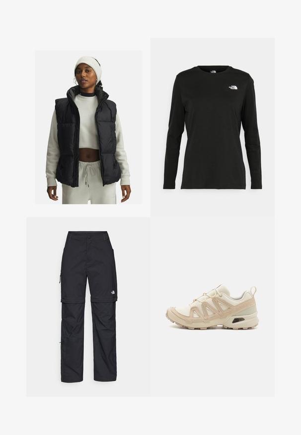 Juodas pūkų liemenė su aukštu apykakle ir užtrauktuku kišenėmis, dėvima ant šviesiai pilkos struktūrinės megztuko, derinama su balta megzta galvos juosta.; Juodas ilgomis rankovėmis medvilninis marškinėliai su apvali apykakle. Savybė - mažas baltas logotipas kairėje krūtinės pusėje. Paprastas dizainas ir pritaikymas.; Juodos nailoninės krovinių kelnės su reguliuojamais rankovėmis, daugybe kišenių ir logo ant dešinės kojos. Lygi, lengva tekstūra.; Bežinės ir kreminės spalvos sportinės bateliai su tekstūruoto tinklelio viršutine dalimi, palaikančiomis detalėmis ir guminiais padais, turinčiais raštą, užtikrinantį sukibimą.