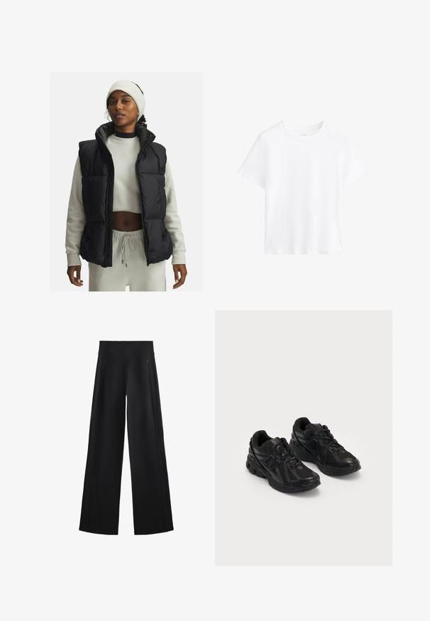 Černá péřová vesta s vysokým límcem a kapsami na zip, nošená přes světlé šedé texturované svetr, doplněná bílou pletenou čelenkou.; Bílé bavlněné tričko, krátké rukávy, kulatý výstřih, uvolněný střih, hladká textura, bez vzorů nebo akcentů, jednoduchý design, univerzální styl.; Široké černé kalhoty z měkké tkaniny, s vysokým pasem a dvěma kapsami na zip, s jemnými švy po stranách.; Černé sportovní boty vyrobené z síťoviny a syntetických materiálů. Mají polstrovanou podešvei s texturovanými vzory a reliéfním logem na boku.