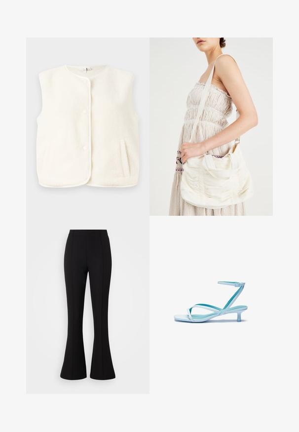 Kremo spalvos flisinė liemenė, be rankovių dizainas, su priekiniais sagų ir šoninėmis kišenėmis. Minkštas paviršius su lygiu vidiniu pamušalu.; Balta of-off-shoulder marškinėlė su trumpomis rankovėmis, pagaminta iš minkštos medvilnės, su priderintu dizainu ir tiesiu apatiniu kraštu.; Juodos flared kelnės, pagamintos iš tamprių audinių, pasižyminčios lygiu paviršiumi, aukštu liemeniu ir siūlių detalėmis priekyje.; Šviesiai mėlynos guminės sandalai su kvadratiniu pirštu, žemu kulnu, reguliuojama kulkšnies juosta ir lygiu, blizgiu paviršiumi. Kryžminiai dirželiai ant pado.; Balta audinio petinė rankinė su susiraukšlėjusia tekstūra, reguliuojama ištraukiama juosta ir sidabrinėmis detalėmis. Rodyta šalia kreminės spalvos suknelės.